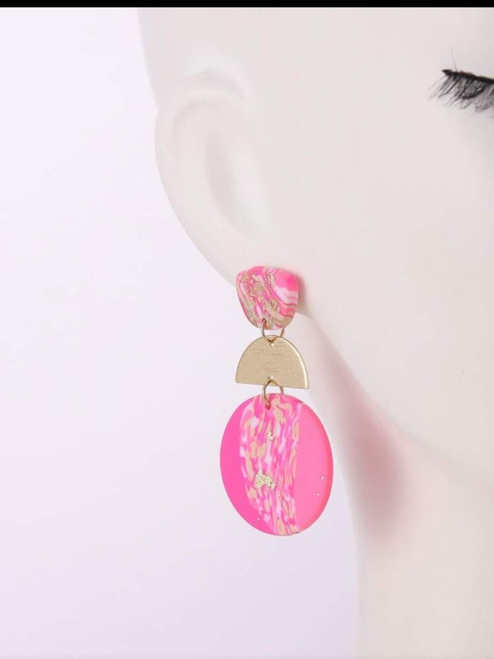 Hot Pink Marbled Drop Earrings with Gold Half-Moon - Picture 6 of 10